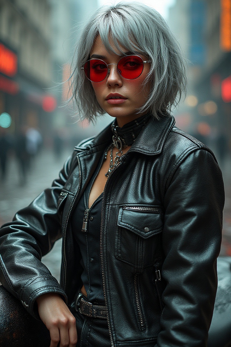 a cyberpunk woman with bobcut grey hair,  red sunglasses,  stylish cyberpunk outfit. leather jacket on Tensor.Art