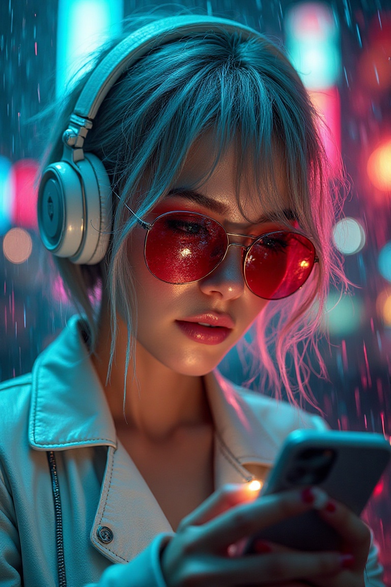 close-up of a young woman with bobcut grey hair,  red sunglasses,  white headphone on Tensor.Art