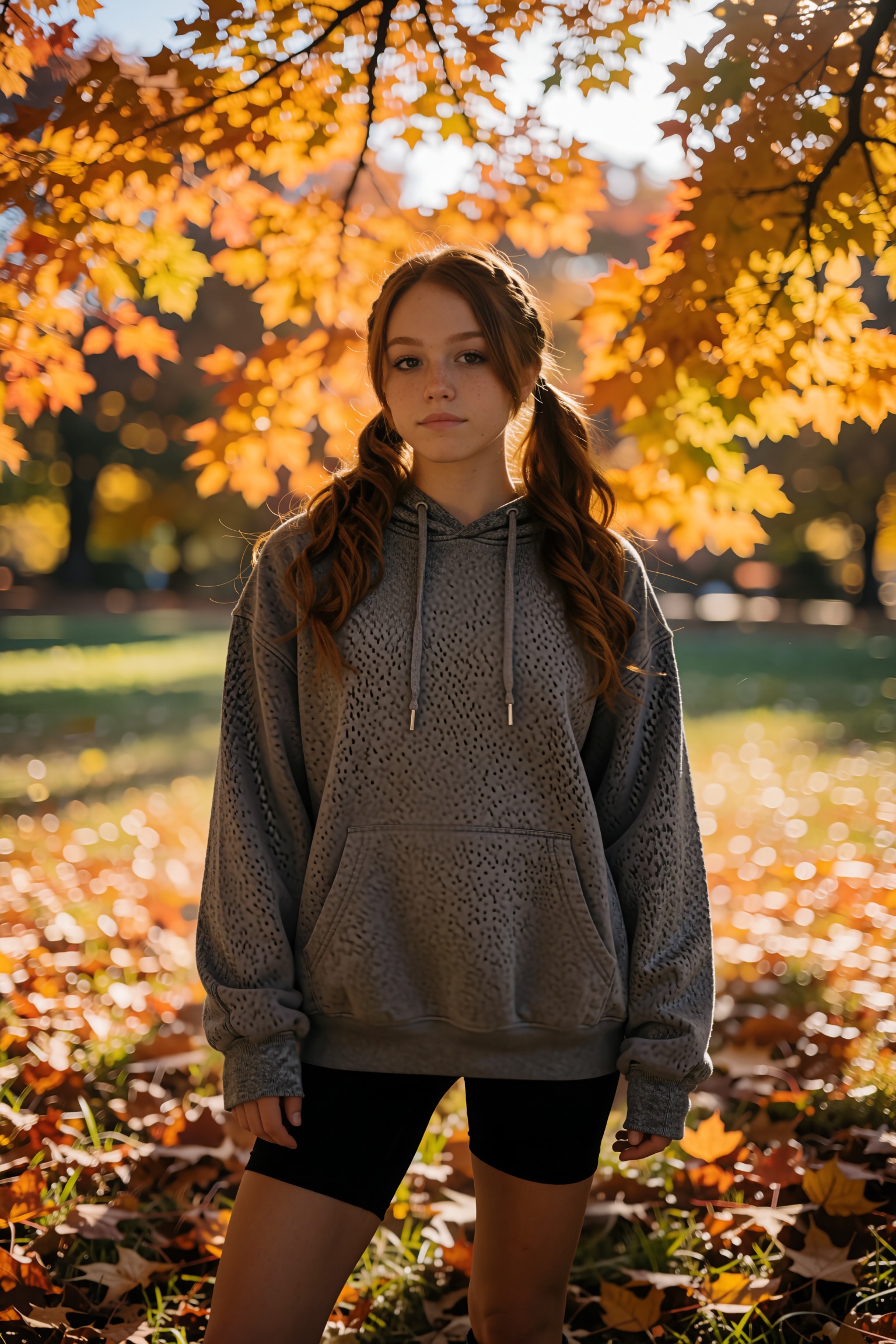 A cinematic medium shot captures a young female college student bathed in the golden,  amber light of a perfect autumn aft...