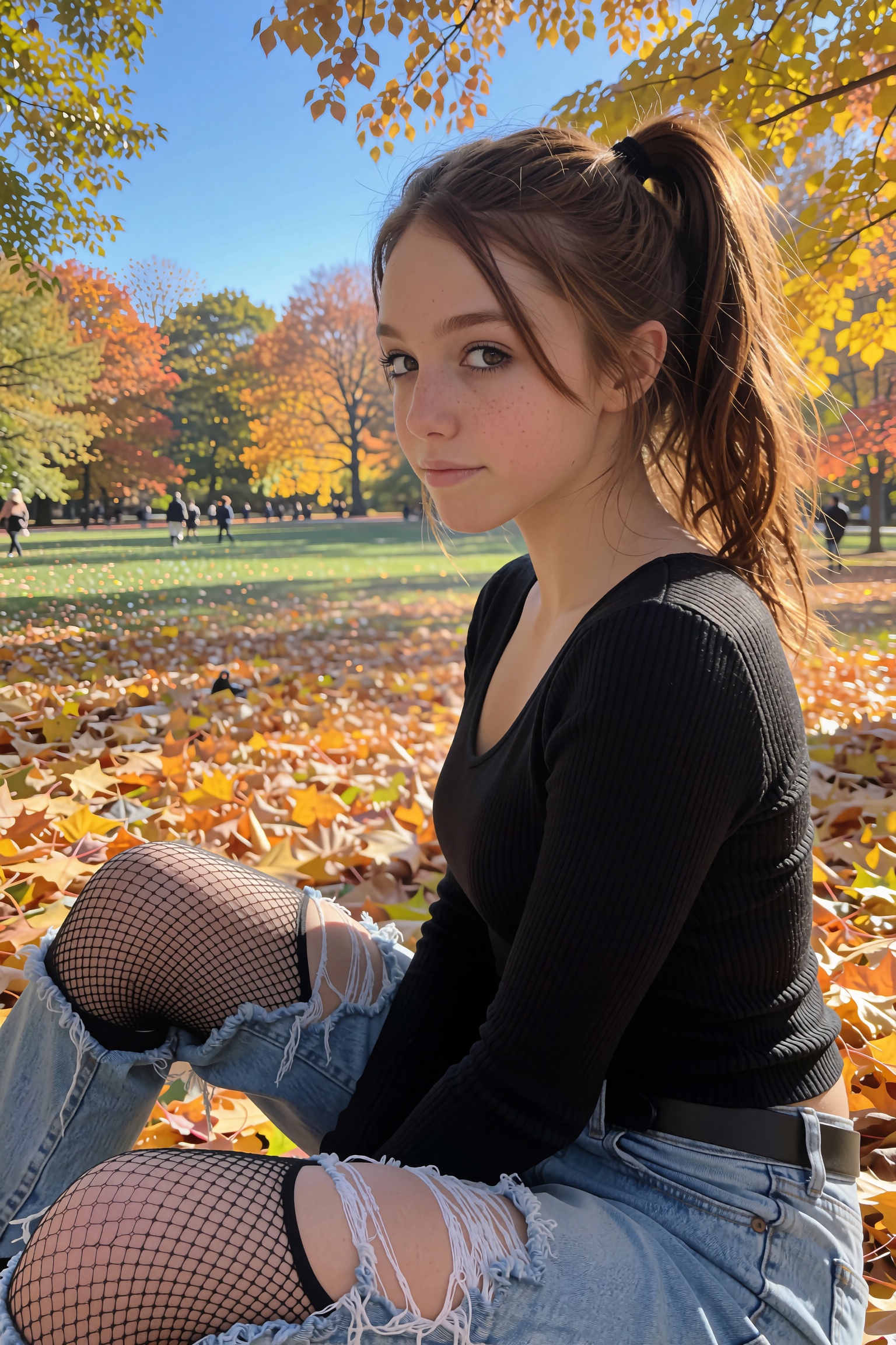 Create a scene featuring a young college student with her hair tied back in a neat pony tail. She is wearing fishnet tight...