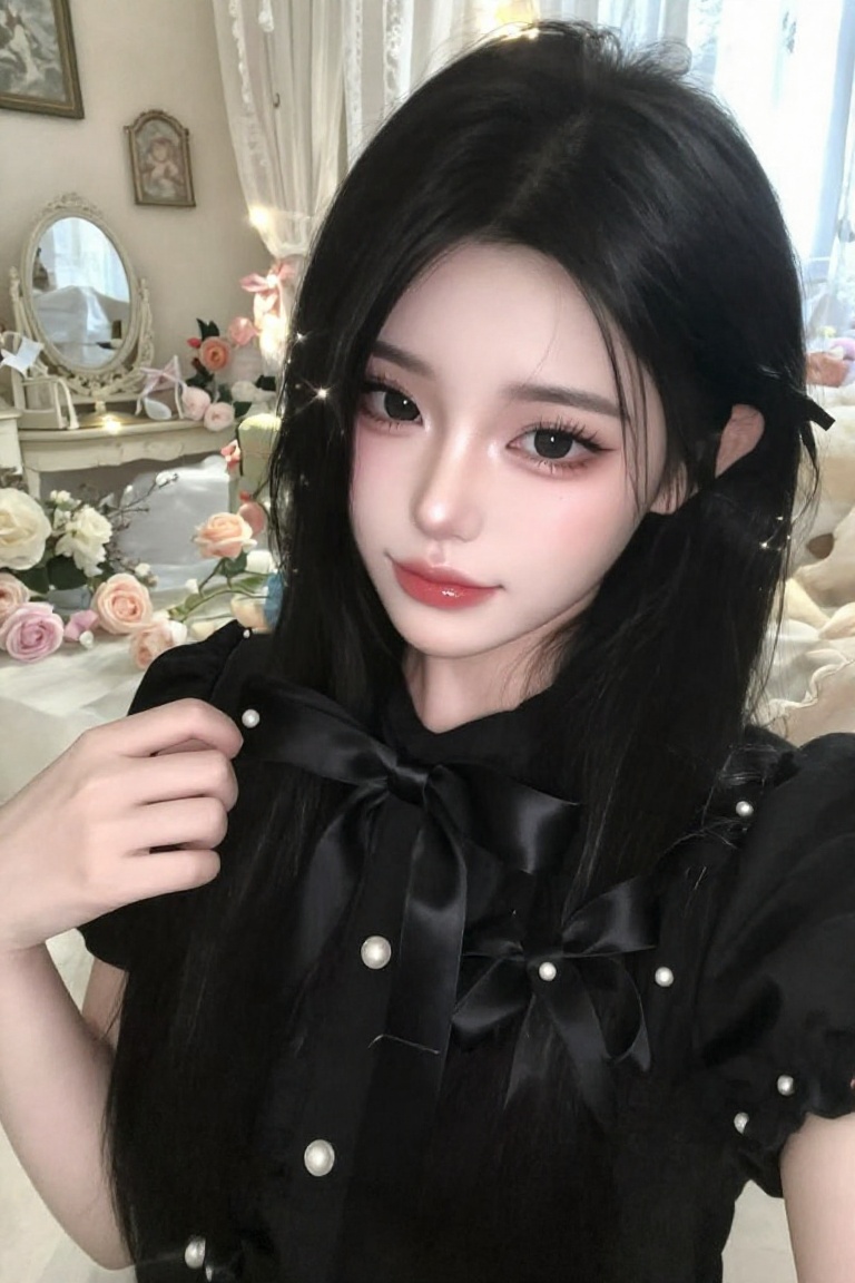 A striking young woman wearing a sophisticated black blouse decorated with oversized satin ribbons,  delicate pearl detail...