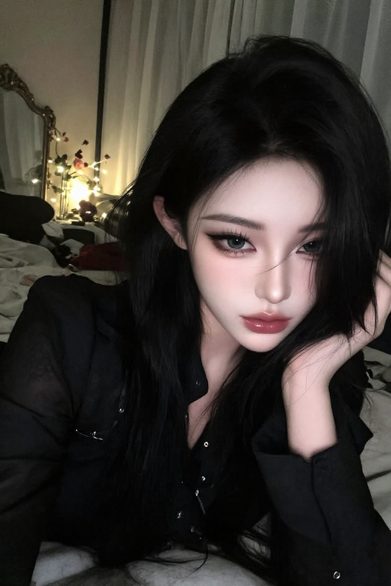 A striking young woman dressed in an elegant dark romantic outfit,  wearing a fitted charcoal-black blouse with subtle lac...