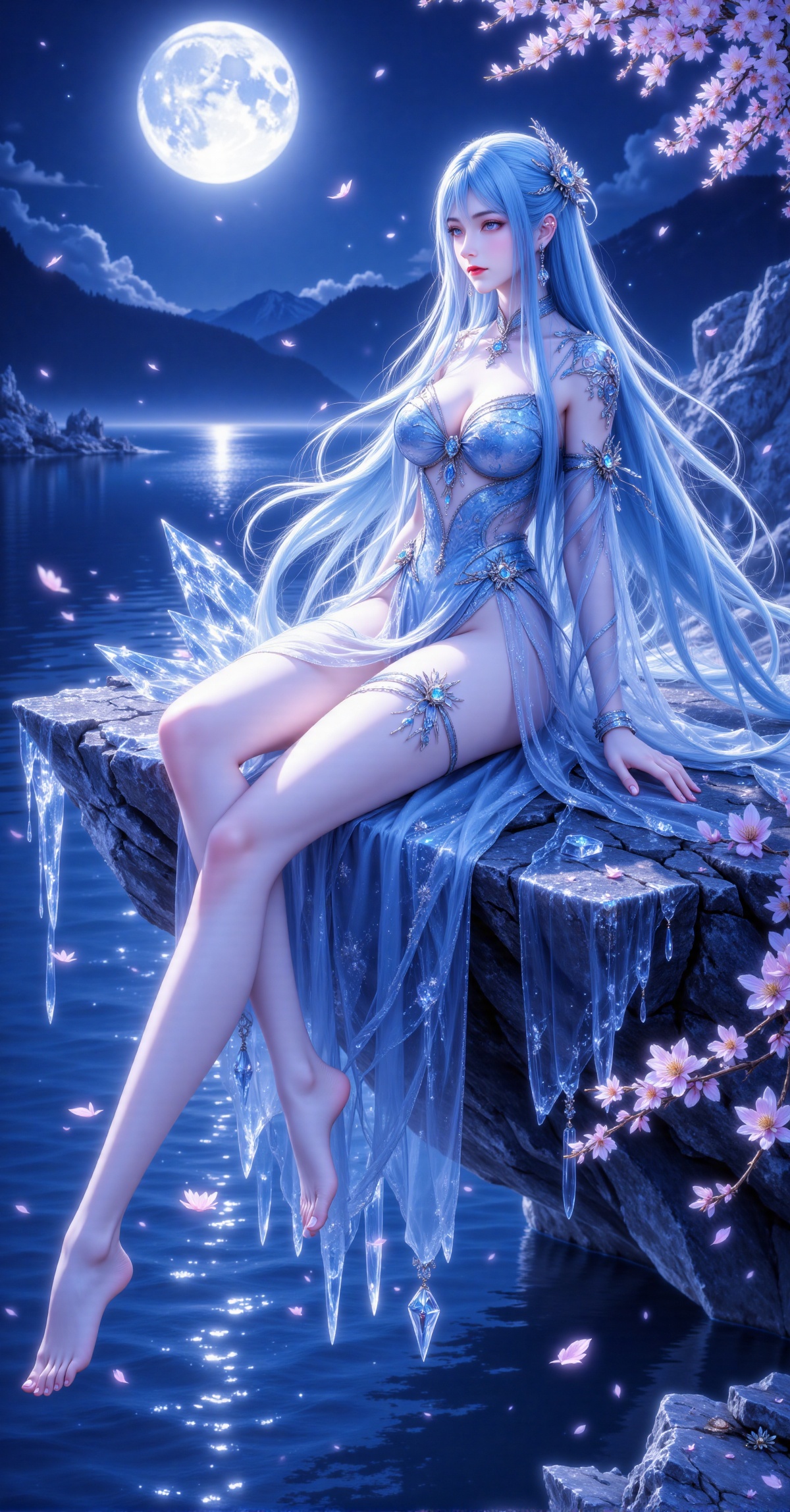 A stunning digital artwork depicts a blue-haired,  ethereal woman with pale skin,  wearing a flowing by 千诗可叙 on Tensor.Art