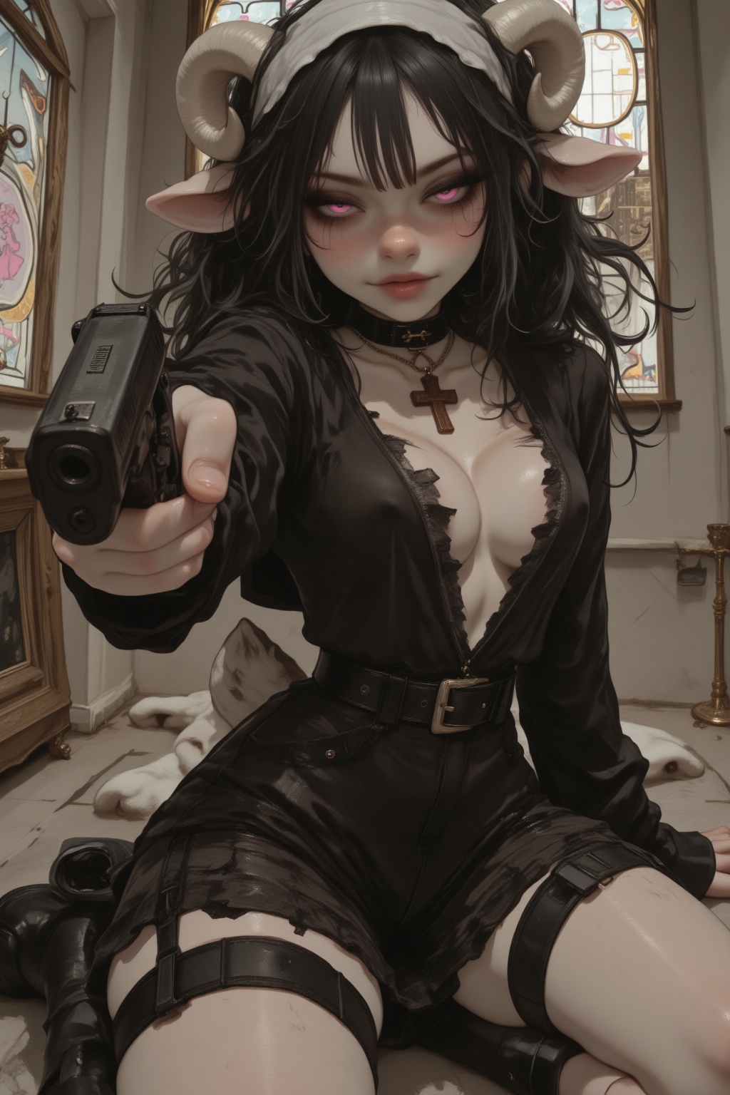 @Mirabelle a young anthropomorphic sheep woman with thick lush black curly hair,  large alluring pink eyes,  pale skin cov...
