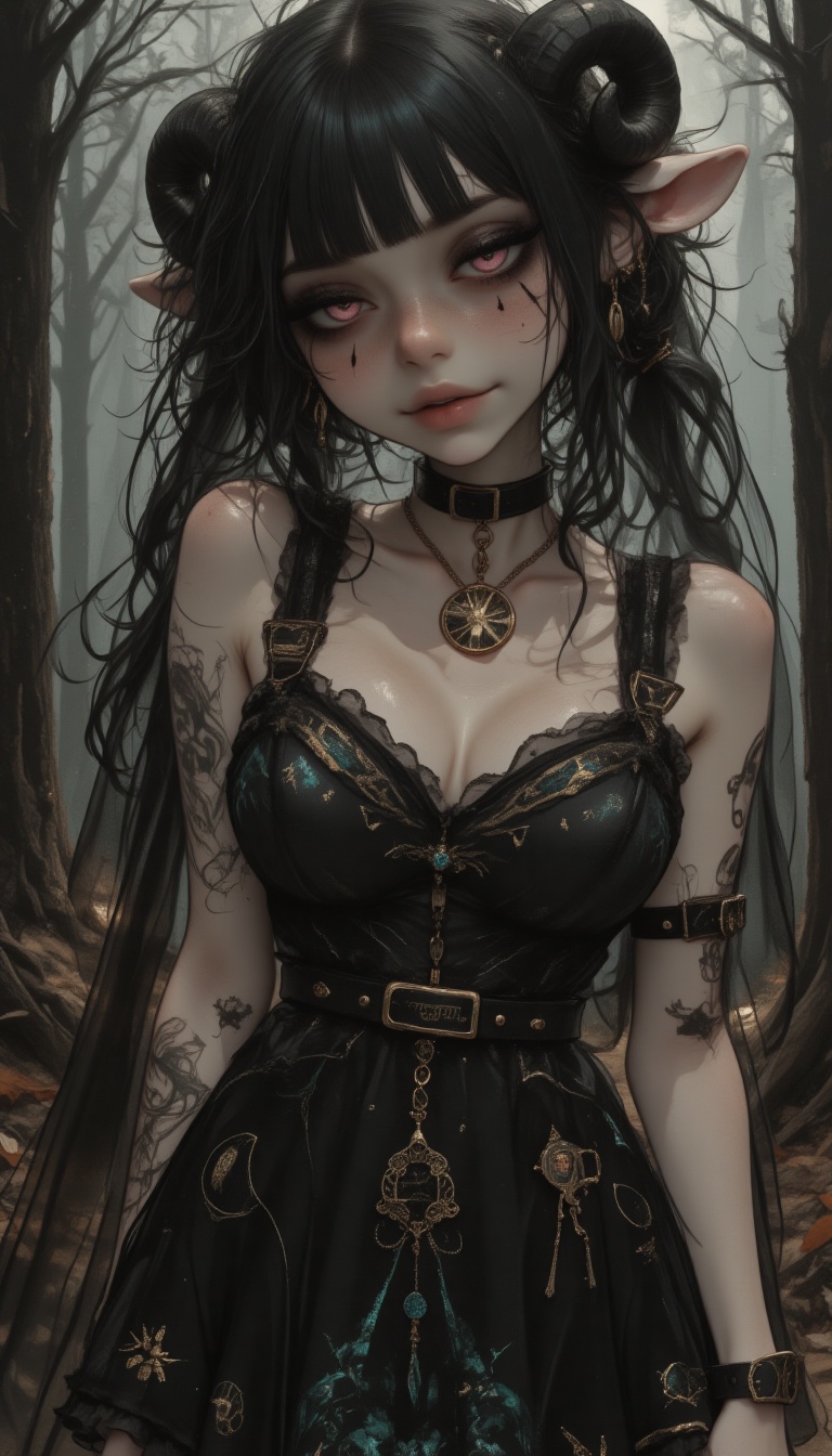 @Mirabelle a young anthropomorphic sheep woman with thick lush black curly hair,  large alluring pink eyes,  pale skin cov...
