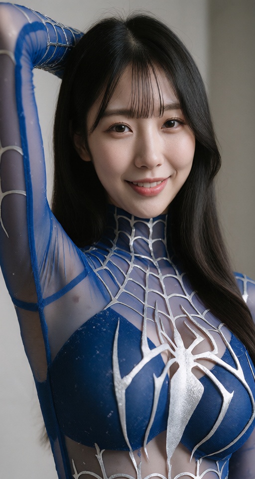拍攝一張8K高解析度的照片,  捕捉這位美麗可愛的18歲少女的倩影。她身材豐滿,  1girl solo long hair breasts looking at viewer black hair arm up thighs above le...