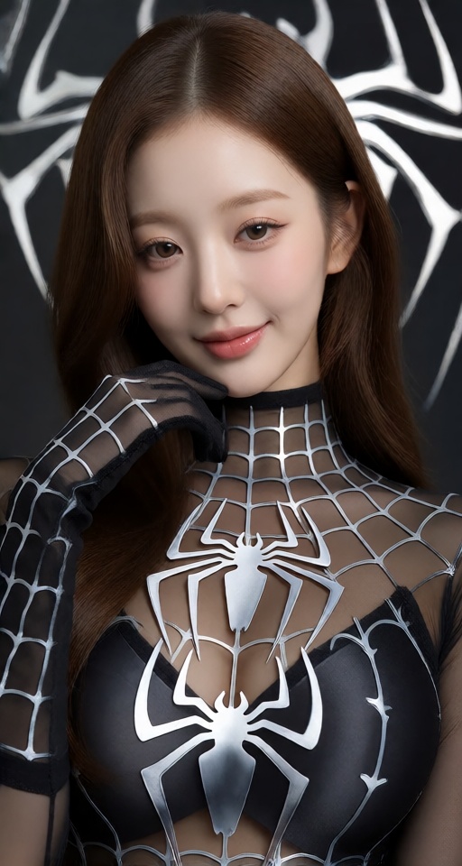 拍攝一張8K高解析度的照片,  捕捉這位美麗可愛的18歲少女的倩影。她身材豐滿,  1girl solo long hair breasts looking at viewer smile black hair gloves brown eye...