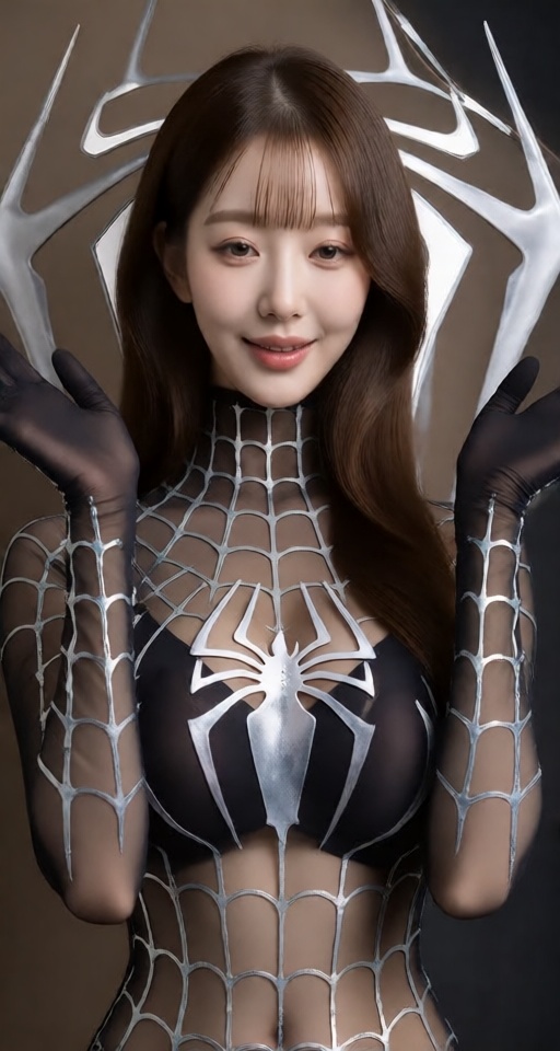 拍攝一張8K高解析度的照片,  捕捉這位美麗可愛的18歲少女的倩影。她身材豐滿,  1girl solo long hair breasts looking at viewer smile black hair gloves brown eye...