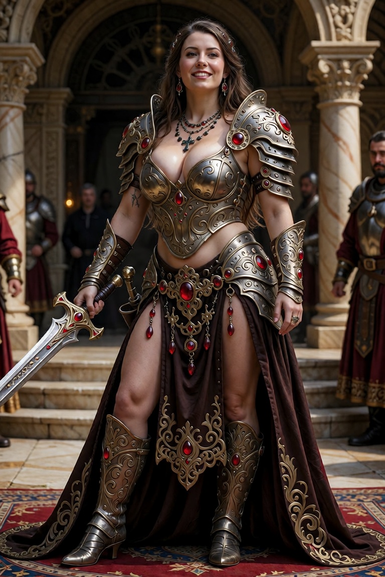 A woman wearing elaborate fantasy armor with an ornate bronze metallic finish. The armor displays intricate engraved swirl...