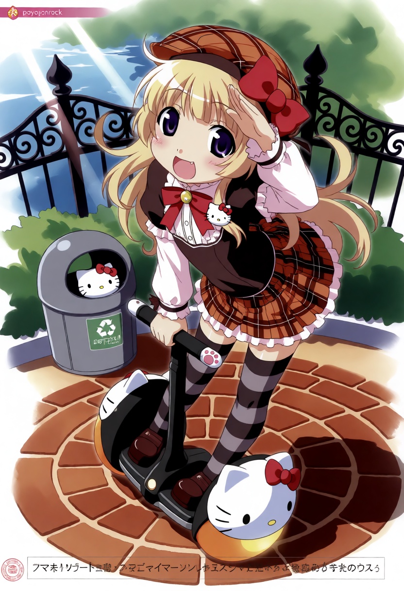 poyoyonrock. A full shot,  low-angle environmental scene shows a blonde young girl with large purple eyes,  identified as...