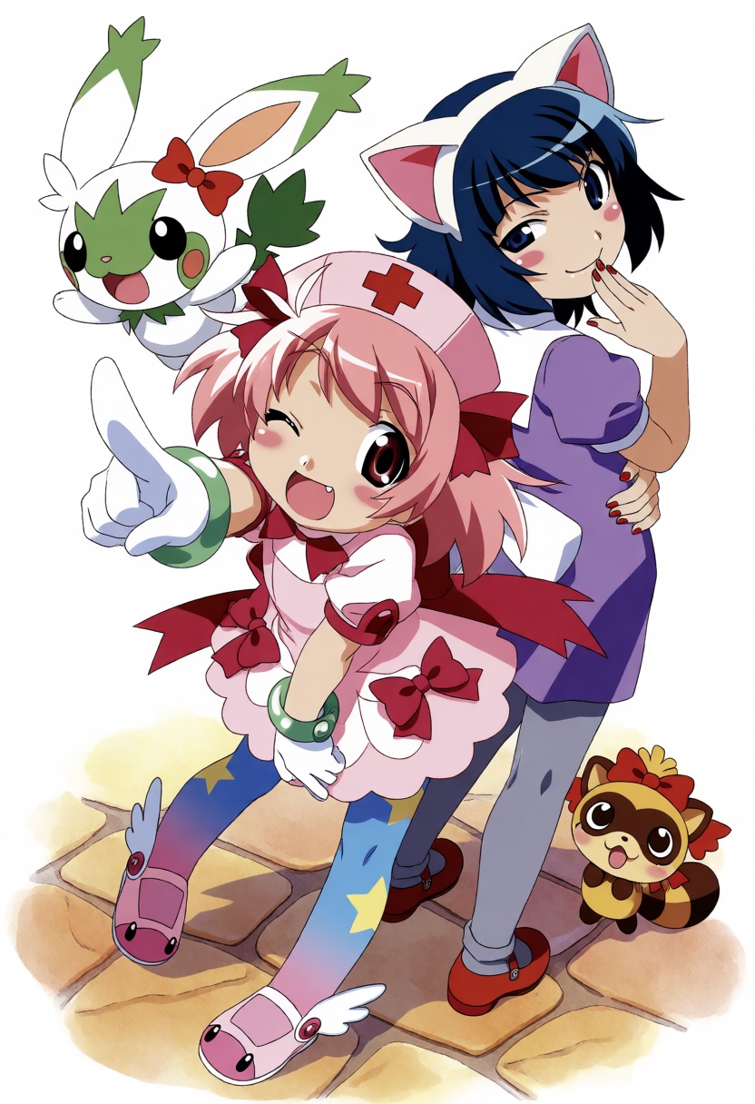 poyoyonrock. This full shot,  vertical-oriented portrait shows two young anime-style women and two stylized creatures agai...