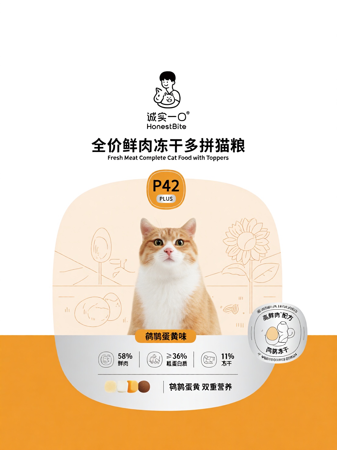 诚实一口主粮完整包装正面设计。普通线PLUS成年猫粮,  型号"P42 PLUS",  口味"鹌鹑蛋黄味" on Tensor.Art