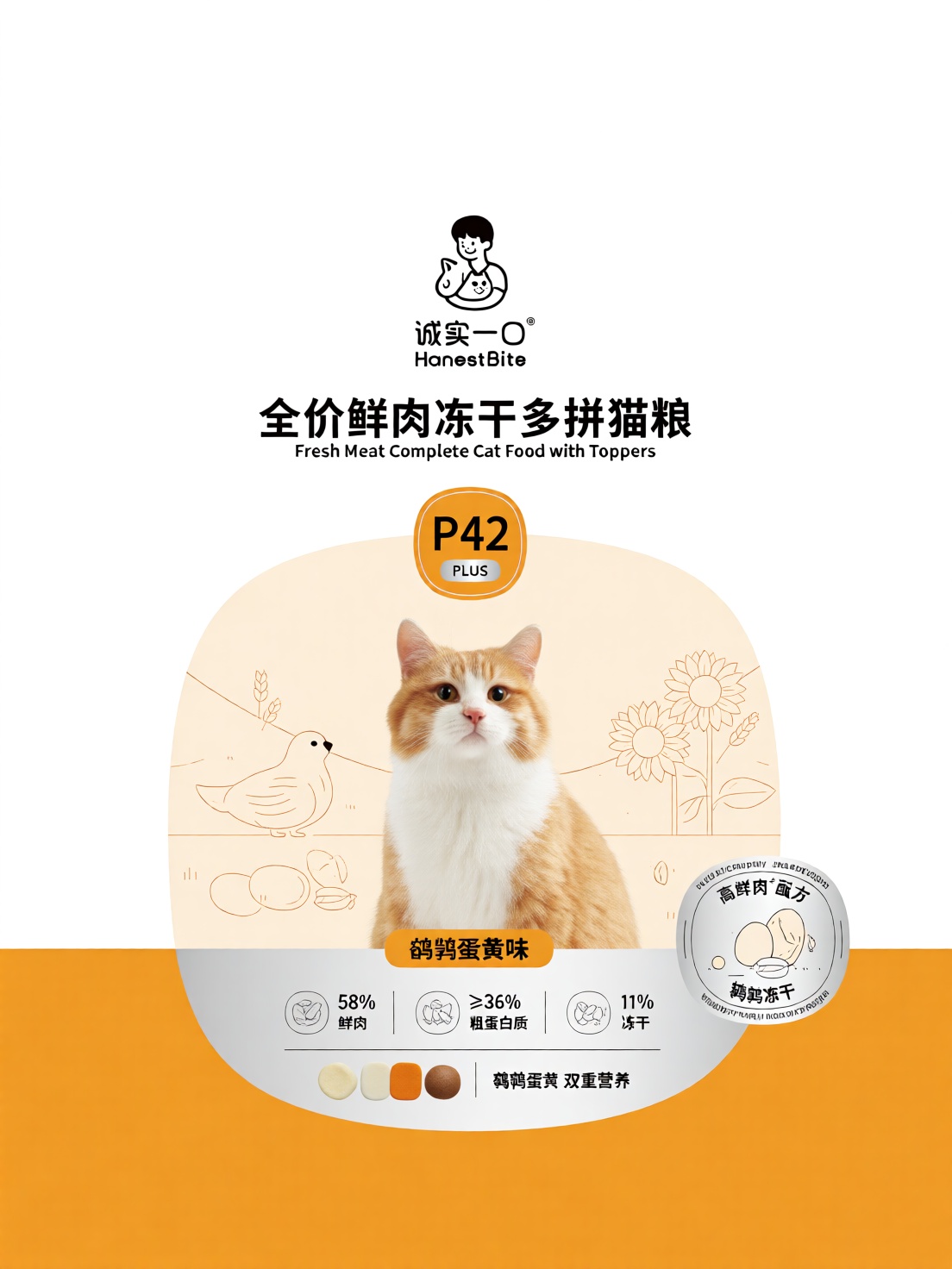 诚实一口主粮完整包装正面设计。普通线PLUS成年猫粮,  型号"P42 PLUS",  口味"鹌鹑蛋黄味" on Tensor.Art