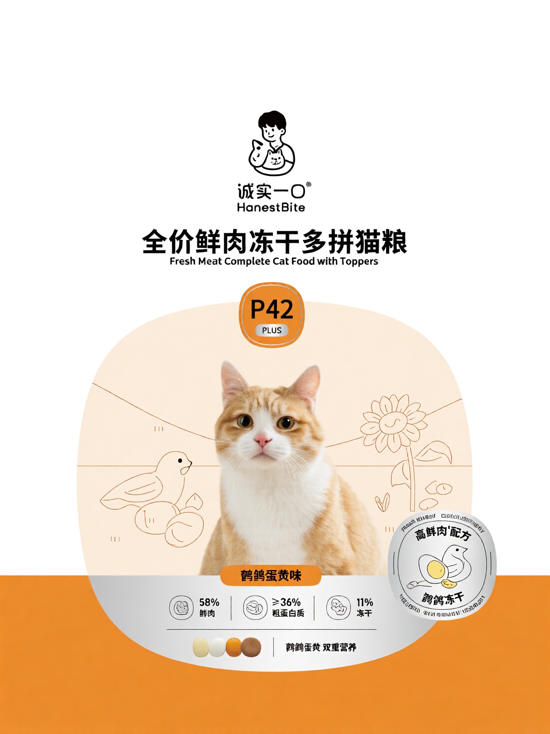 诚实一口主粮完整包装正面设计。普通线PLUS成年猫粮,  型号"P42 PLUS",  口味"鹌鹑蛋黄味" on Tensor.Art