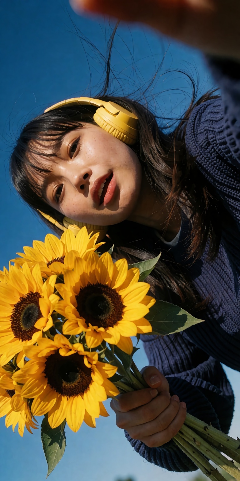 A vintage 90s framed analog photo taken from a steep high Dutch-angle tilt,  looking down diagonally at a young woman in a...