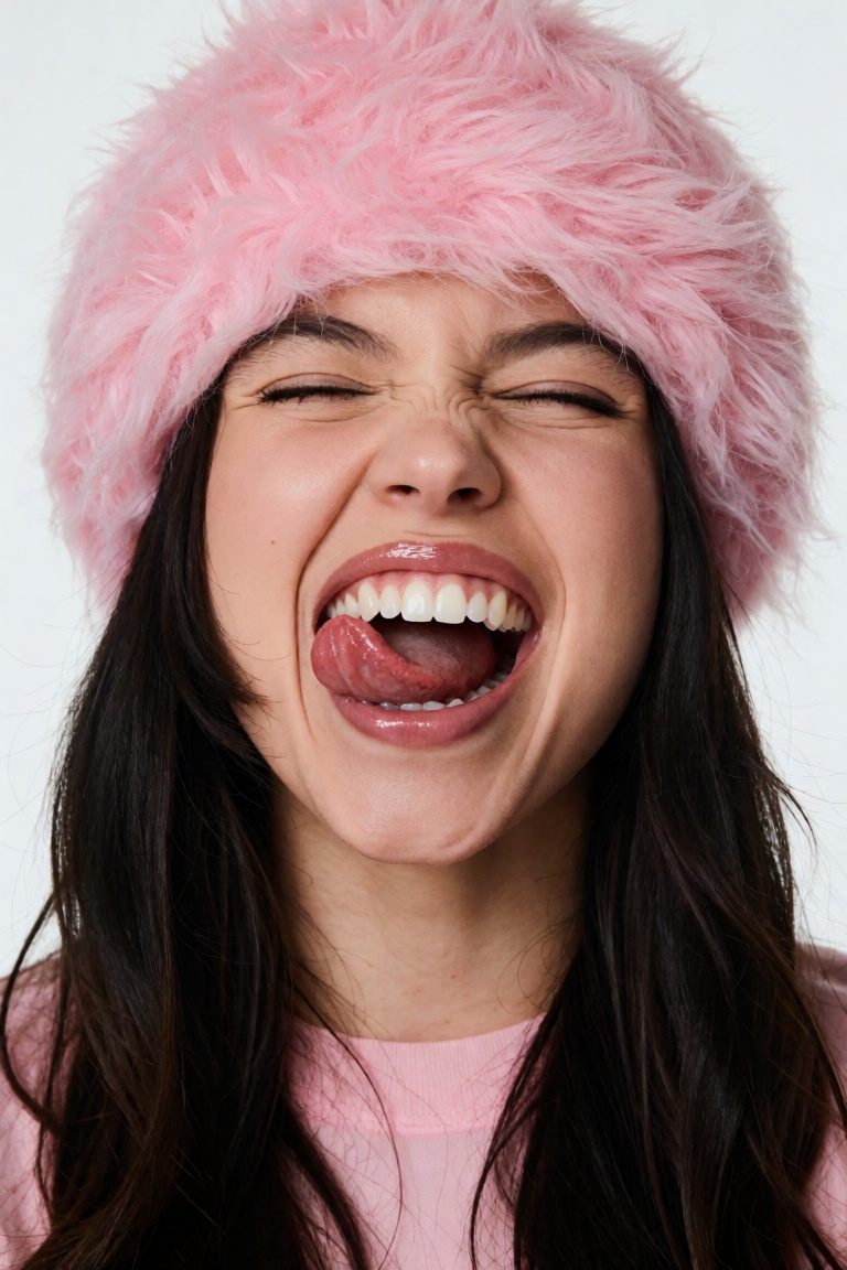 A playful expression: the eyes are squeezed tightly shut while the nose is scrunched upward,  causing lines to form across...