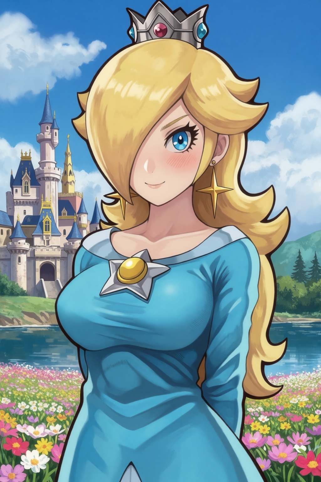 sfw. toru6412-style. 2d illustration. upper body shot,  she is standing with her hands behind her back,  she has a shy smi...