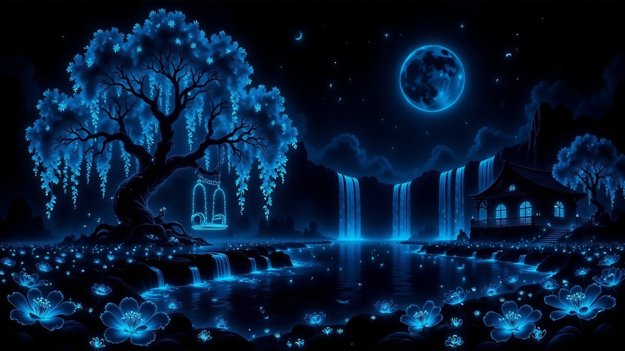 A breathtaking ultra-detailed cinematic dark fantasy landscape at night,  rendered entirely in a luxurious monochromatic c...