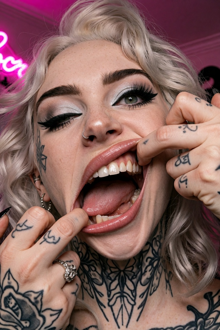 A playful expression: the mouth is stretched open extremely wide with two fingers pulling down on the lower lip and anothe...