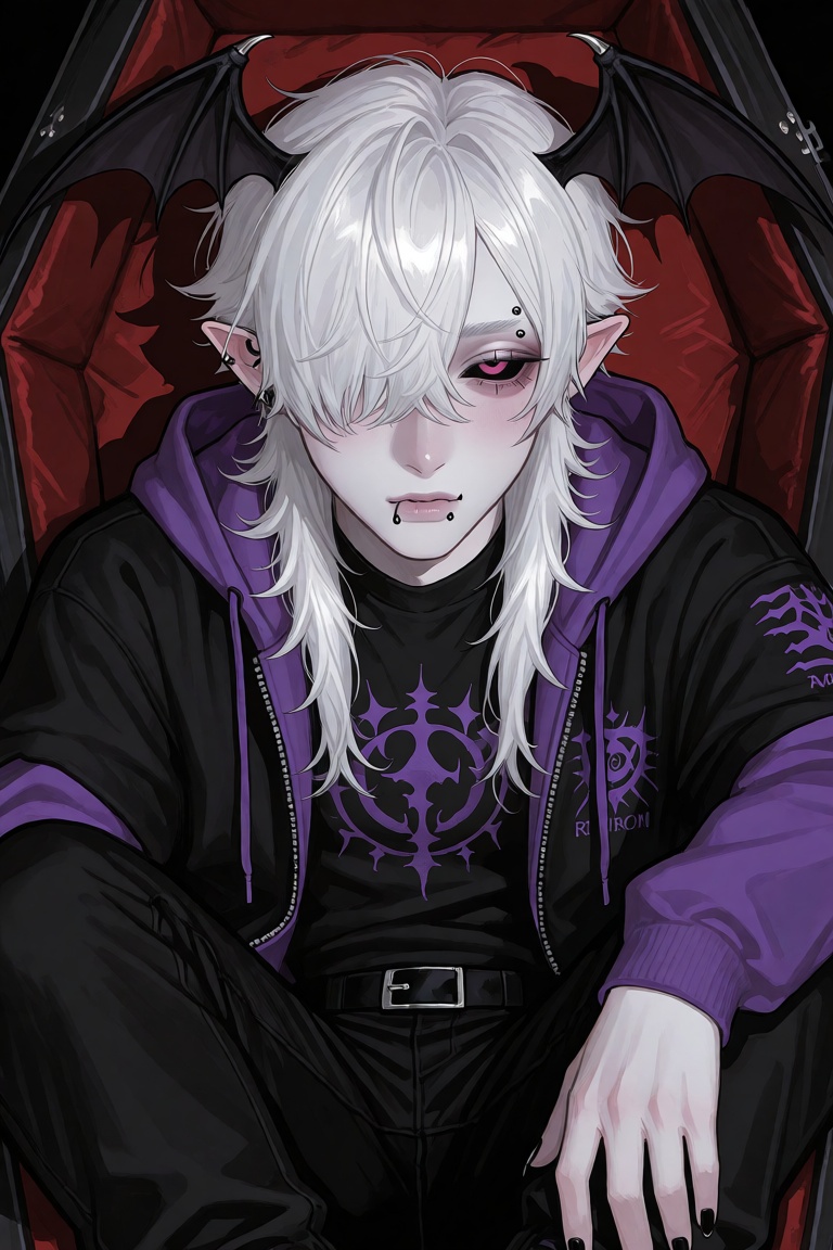 a half-body image of a 1boy with bat wings,  black nails,  ear piercing on Tensor.Art