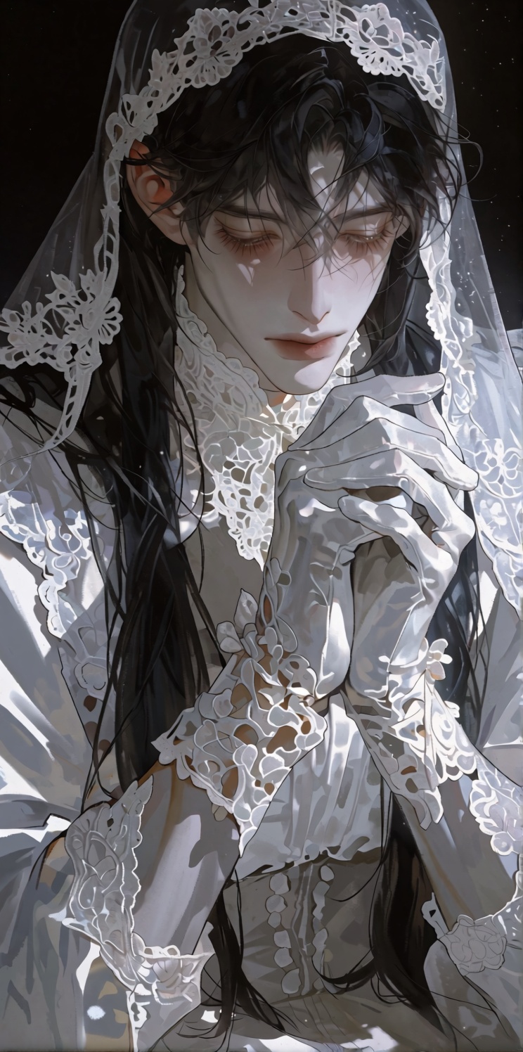 The image depicts a digitally rendered character with long black hair and a white dress adorned with lace. The character i...