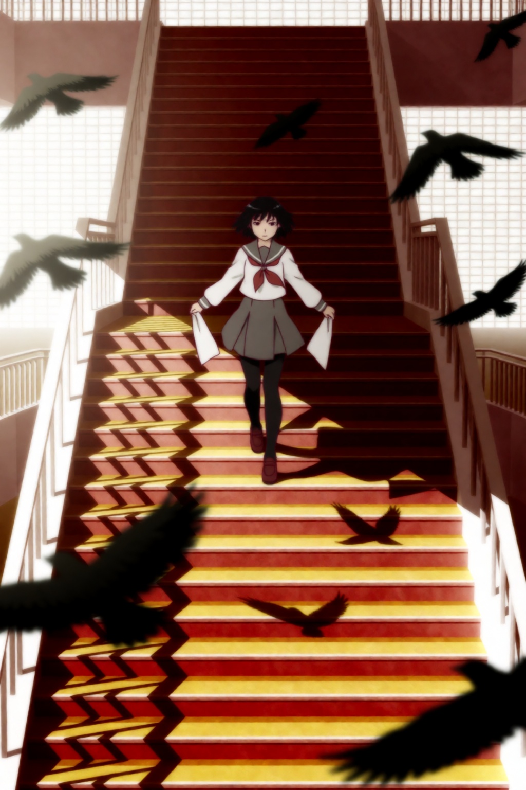 monogatari style. SHAFT style. Ougi,  a girl with short black hair and black eyes,  stands at the center of a full shot ci...