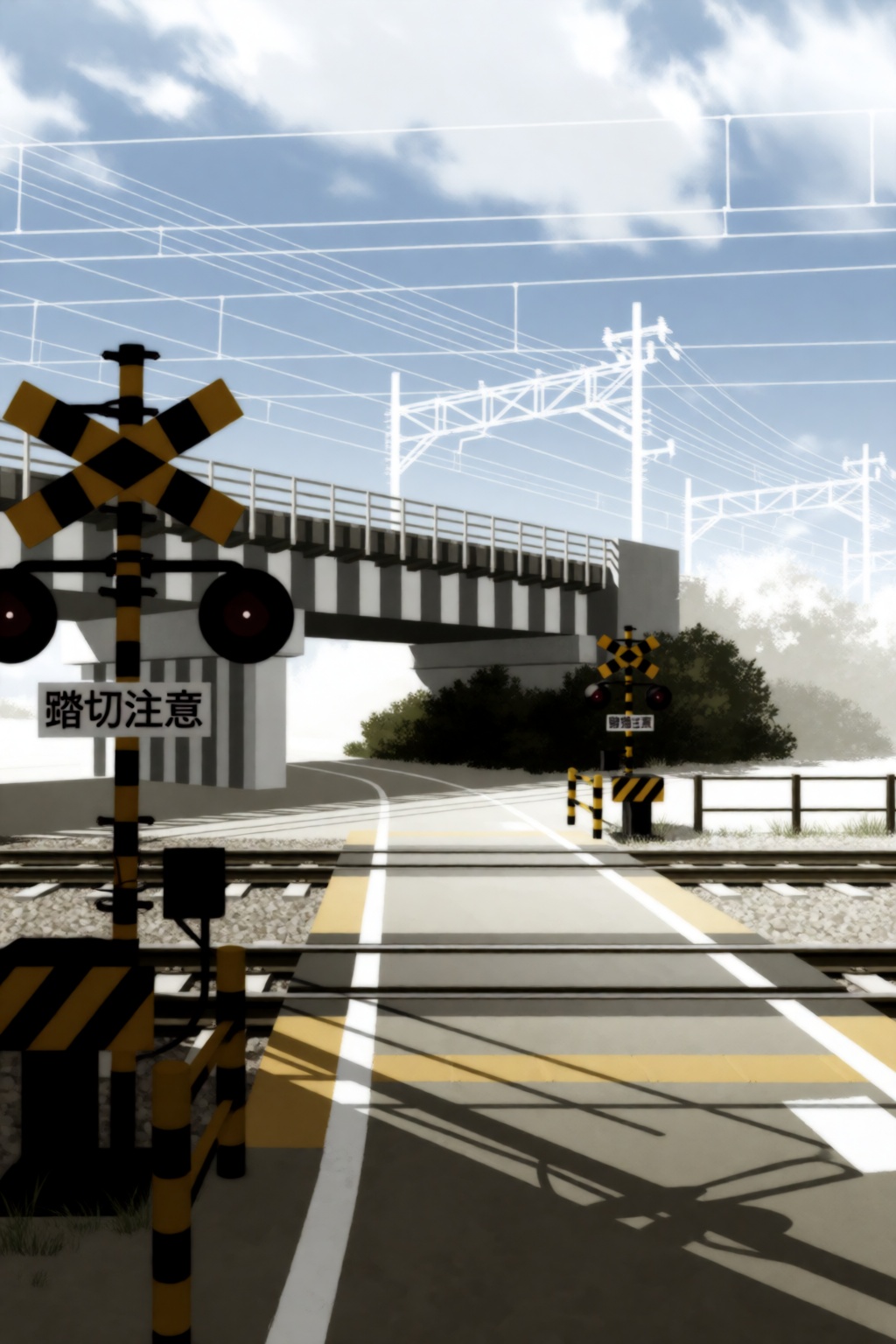 monogatari style,  SHAFT style,  An establishing shot from a low camera height depicts a railroad crossing in a wide-angle...