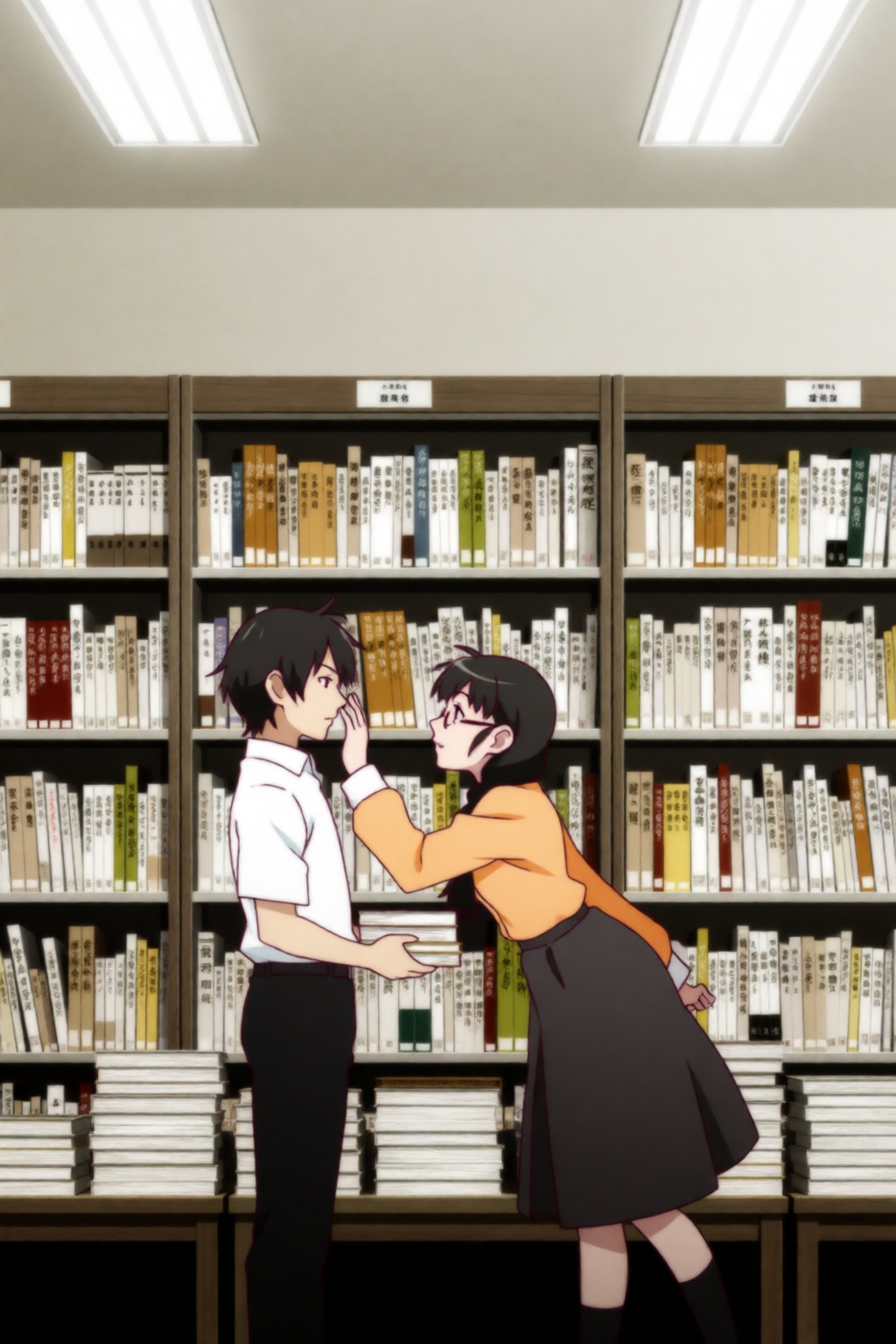 monogatari style. Koyomi,  a boy with short black hair and dark grey eyes,  stands in a full shot facing Hanekawa on Tenso...