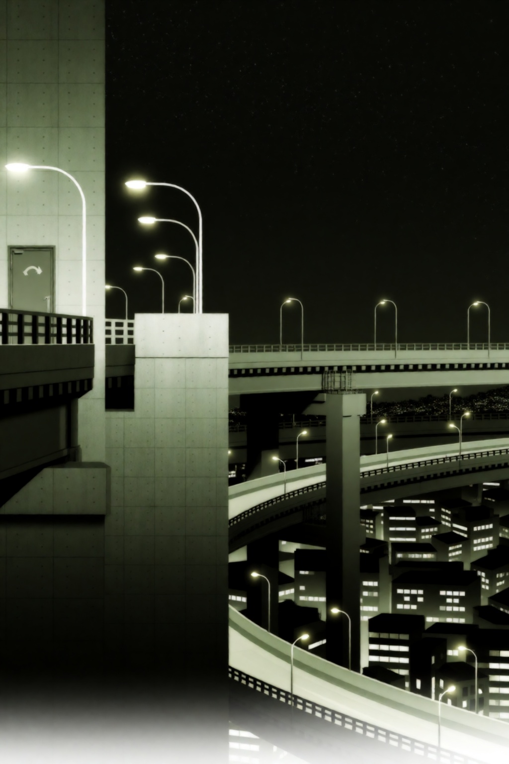 monogatari style. SHAFT style,  A medium-long establishing shot at a high angle and eye-level camera height shows an urban...