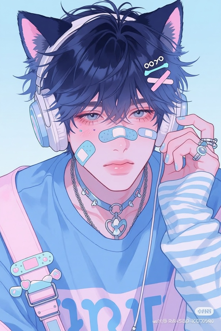create a digital illustration with pastel colors,  in a semi realistic artstyle: captivating image with a male character f...