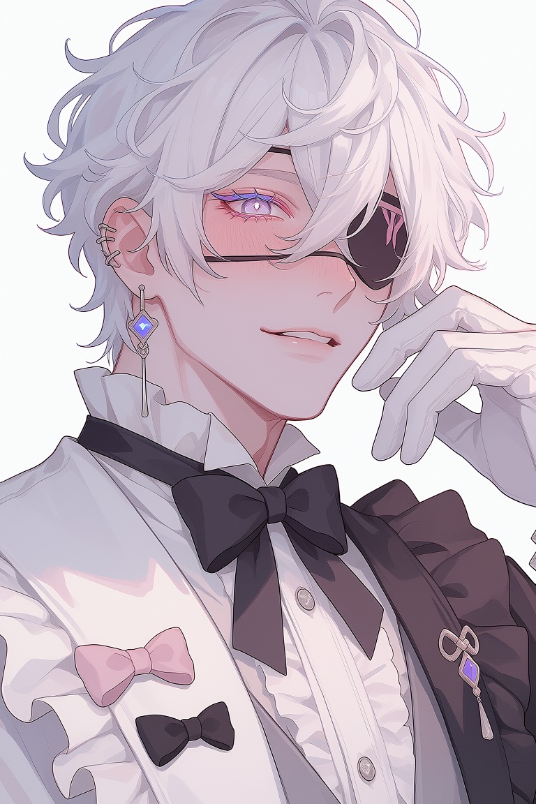 create a digital illustration with pastel colors,  in a semi realistic artstyle: Create a bishounen man with wavy white ha...