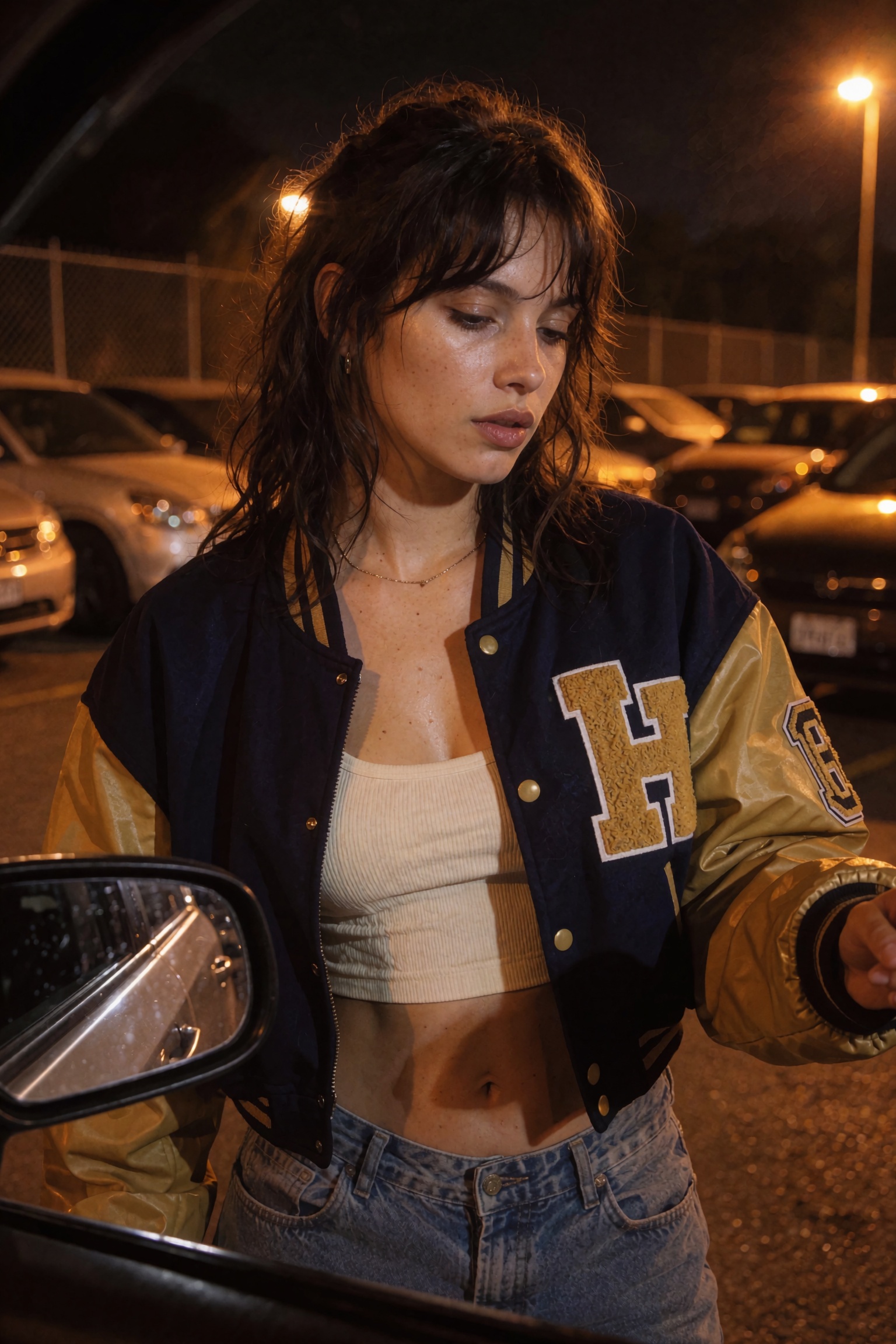 Half-body shot of a young woman with damp,  tousled dark brown hair and a blunt curtain fringe stuck slightly to her foreh...