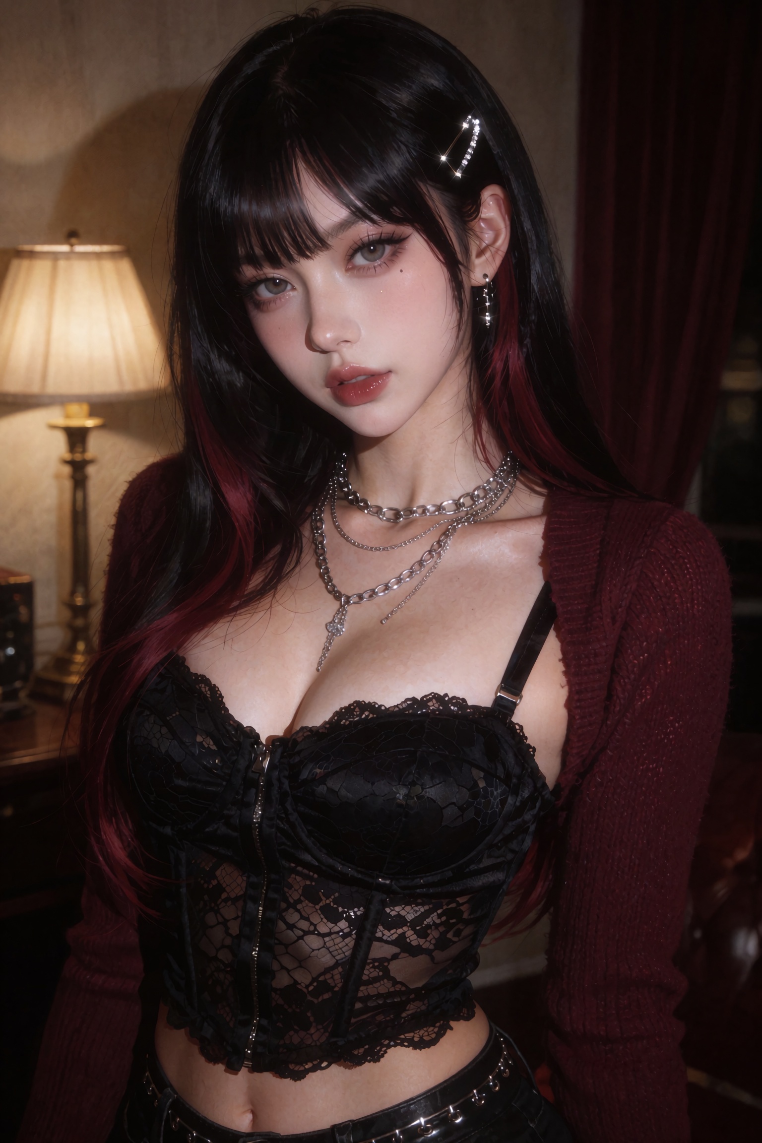 A hyperreal digital illustration of an ***** woman with a dark-coquette idol doll aesthetic,  statuesque model proportions...