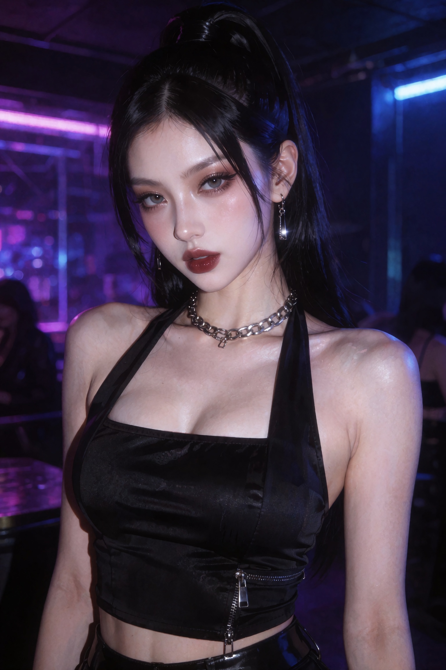 A hyperreal digital illustration of an ***** woman with a sharp femme-fatale idol doll aesthetic,  statuesque model propor...