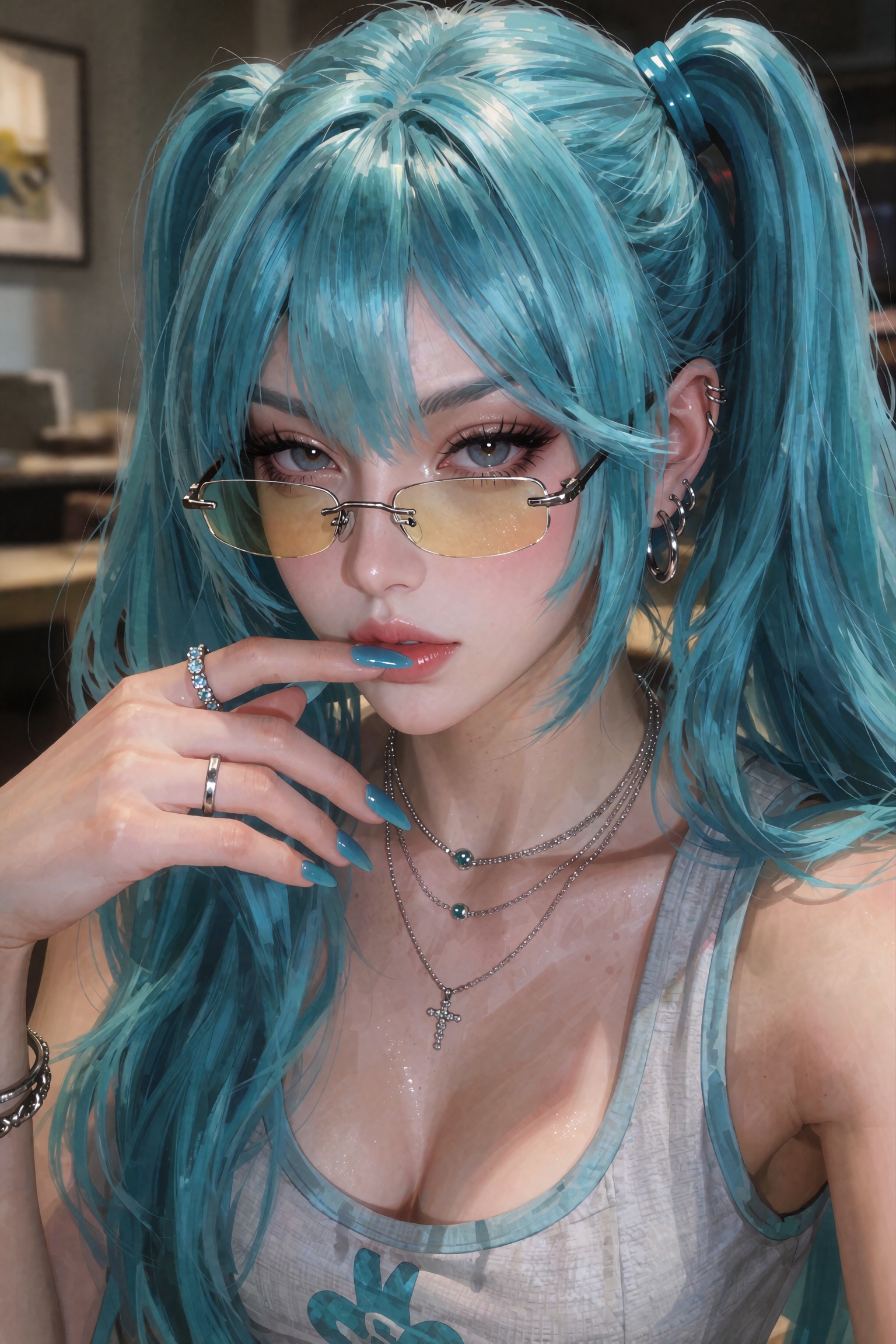 Hatsune Miku,  depicted with her long,  flowing vibrant turquoise hair styled in her iconic twin pigtails with straight ba...