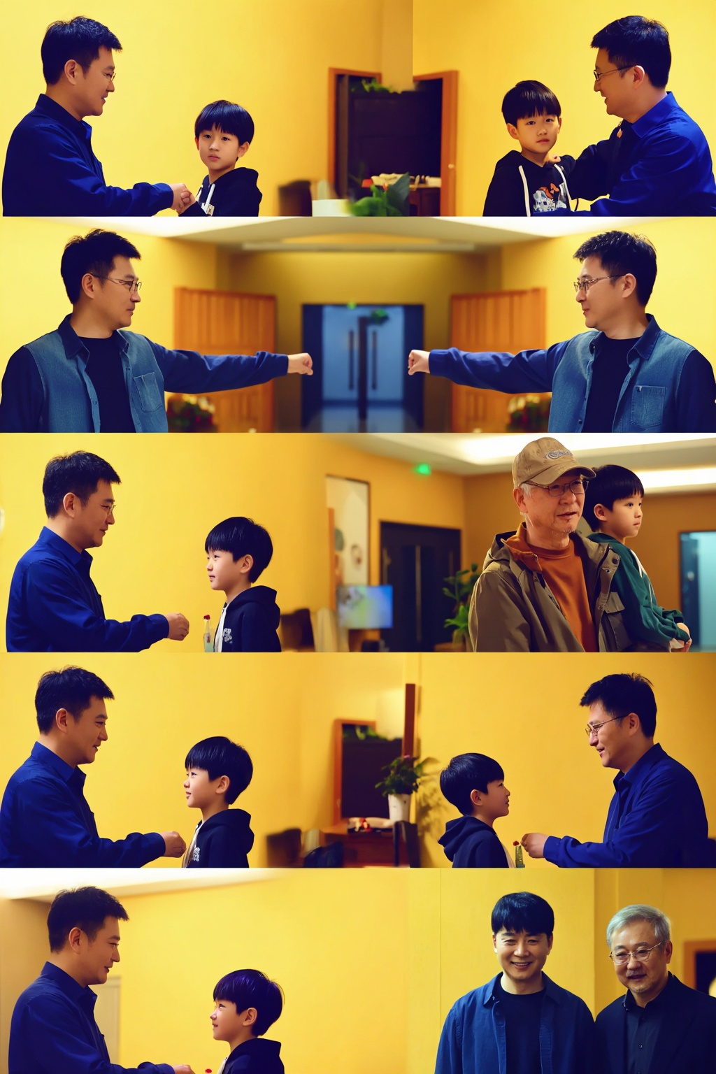 Create a cinematic visual story showing TWO FIXED CHARACTERS moving forward through the SAME timeline: one father and his...