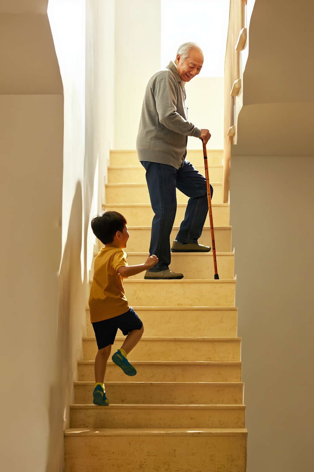 Exactly TWO figures only. IMPORTANT SPATIAL ORDER: The elderly man is HIGHER on the staircase,  closer to the bright light...