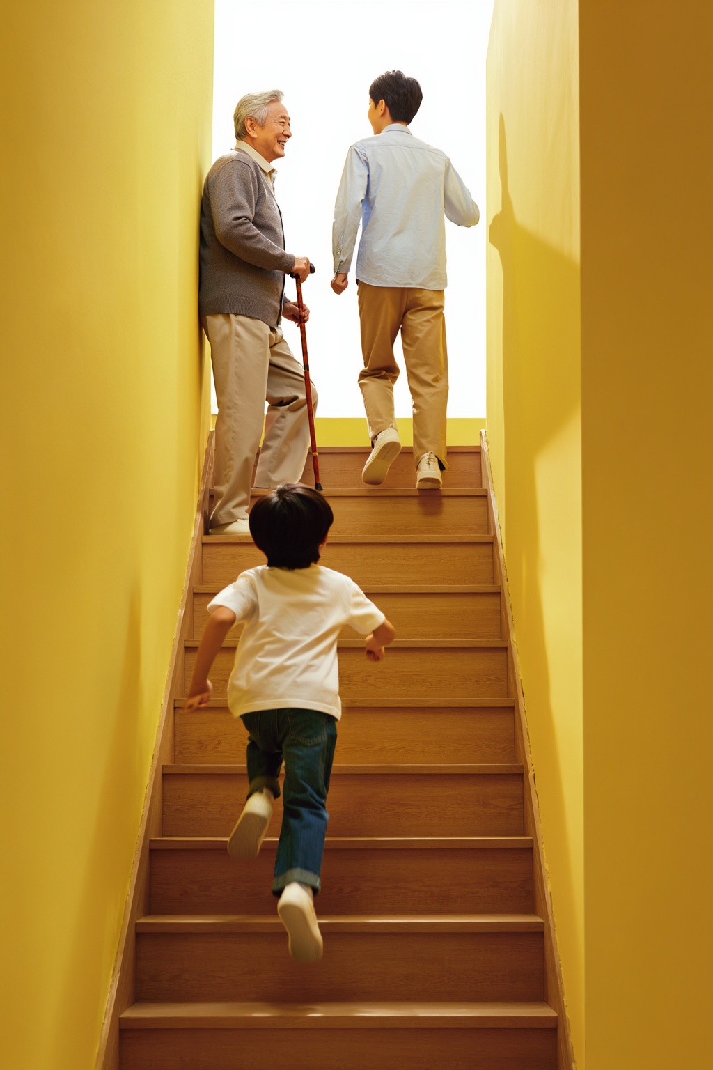 Exactly TWO figures only. IMPORTANT SPATIAL ORDER: The elderly man is HIGHER on the staircase,  closer to the bright light...