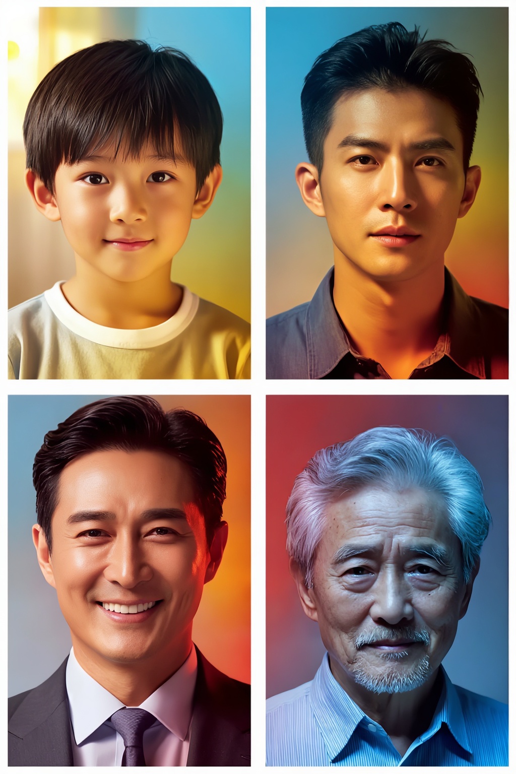 Create a cinematic portrait representing the passage of time. Show the same person progressing through four different stag...