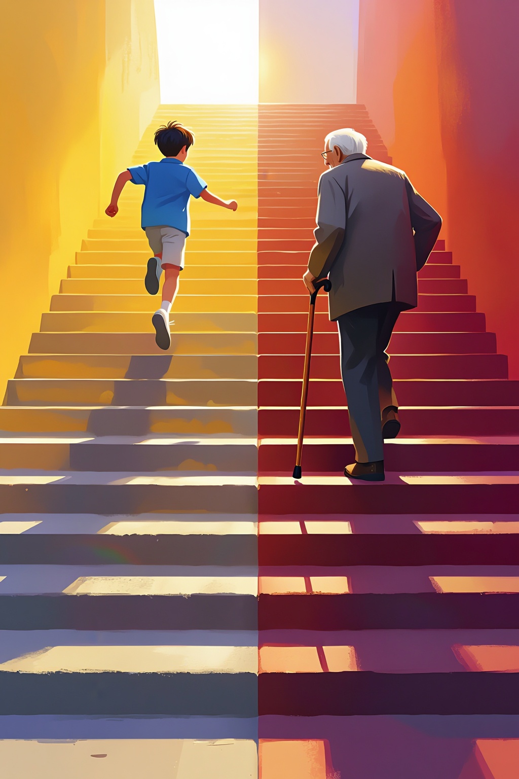 Top quality. Inspiration: Staircase. Visuals: Close-up: A staircase. On the observer's side,  a vibrant young boy is runni...