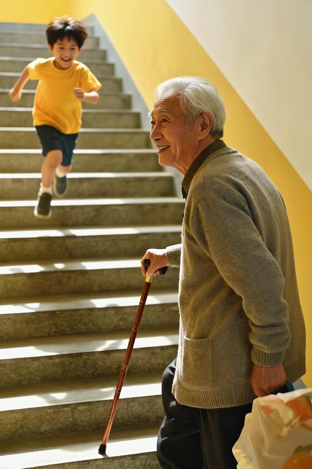 Exactly TWO figures only. At the upper part of the staircase,  an elderly man is several steps ahead of the child. The eld...