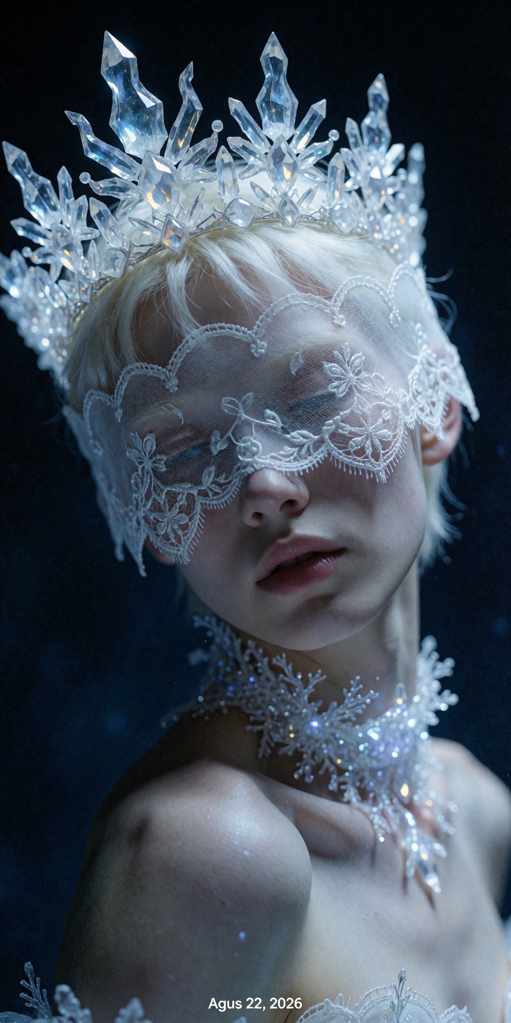 A hauntingly beautiful fantasy portrait presented as a digitally enhanced photograph of a young individual with ghost-pale...