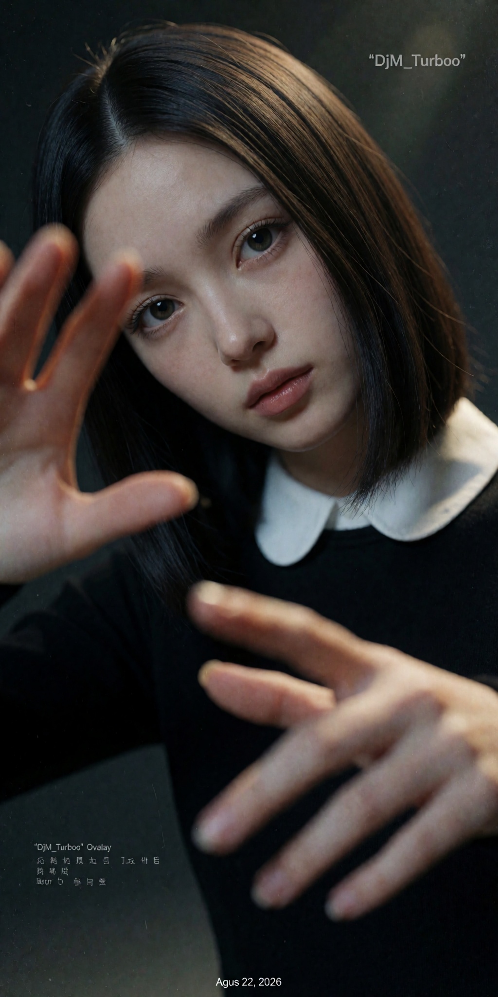 A hyper-detailed,  ultra-realistic close-up portrait of a young woman with fair porcelain skin and sleek,  straight dark b...