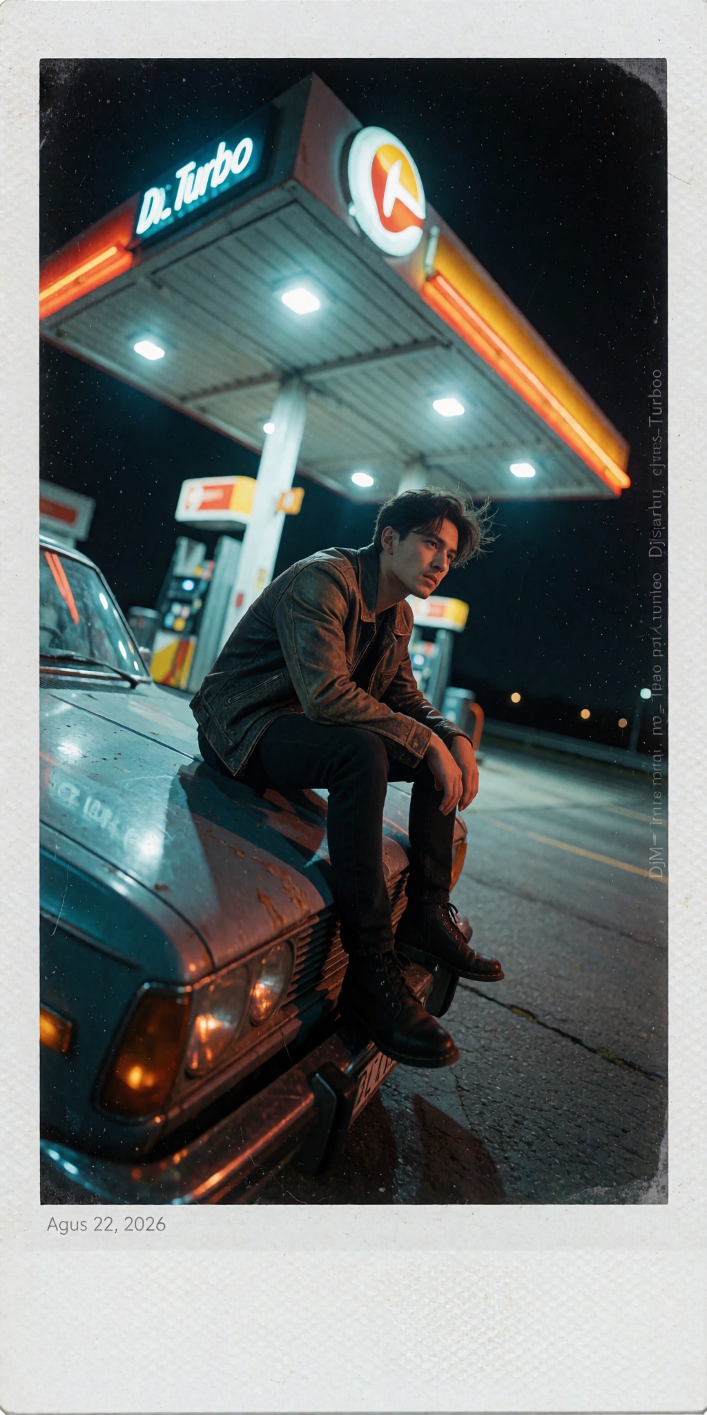 A cinematic Polaroid photograph of a solitary young man sitting on the hood of a vintage car under a glowing gas station c...