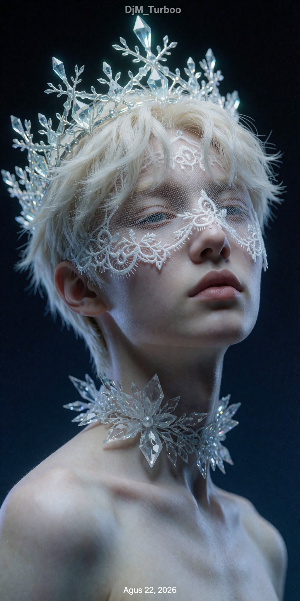 A highly detailed,  digitally manipulated ultra-photorealistic portrait of a mysterious young figure with porcelain pale s...