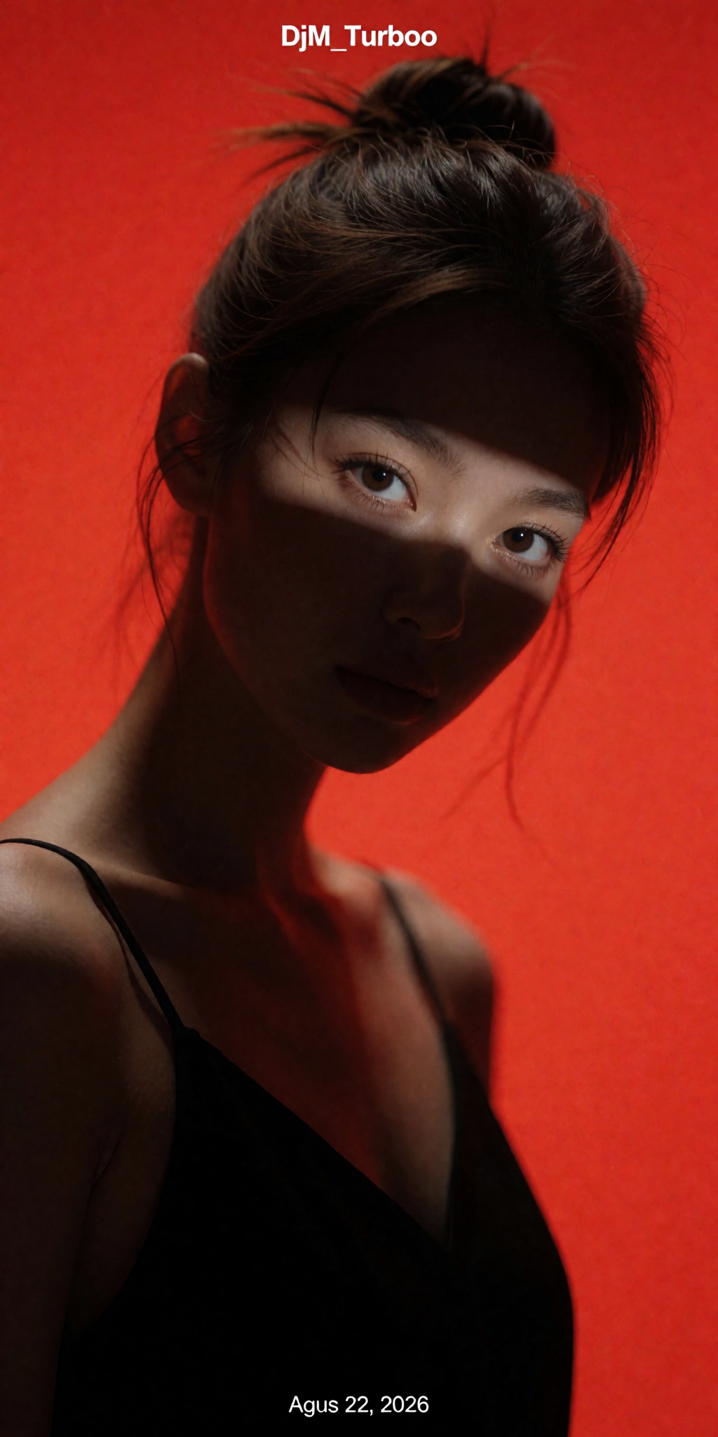 An ultra-detailed minimalist studio portrait emphasizing emotional intensity through light and shadow. A young woman with...