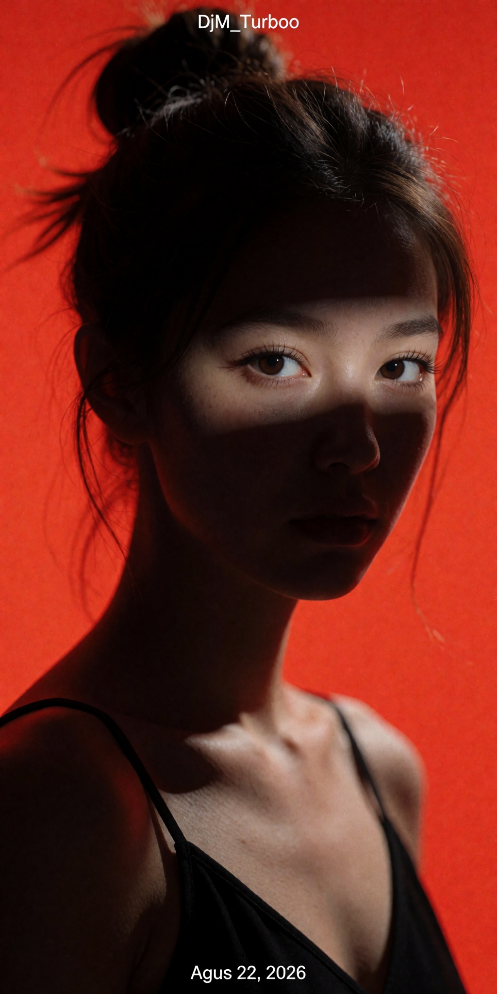 An ultra-high-detail artistic portrait photograph inspired by minimalist color-noir photography. A young woman stands befo...