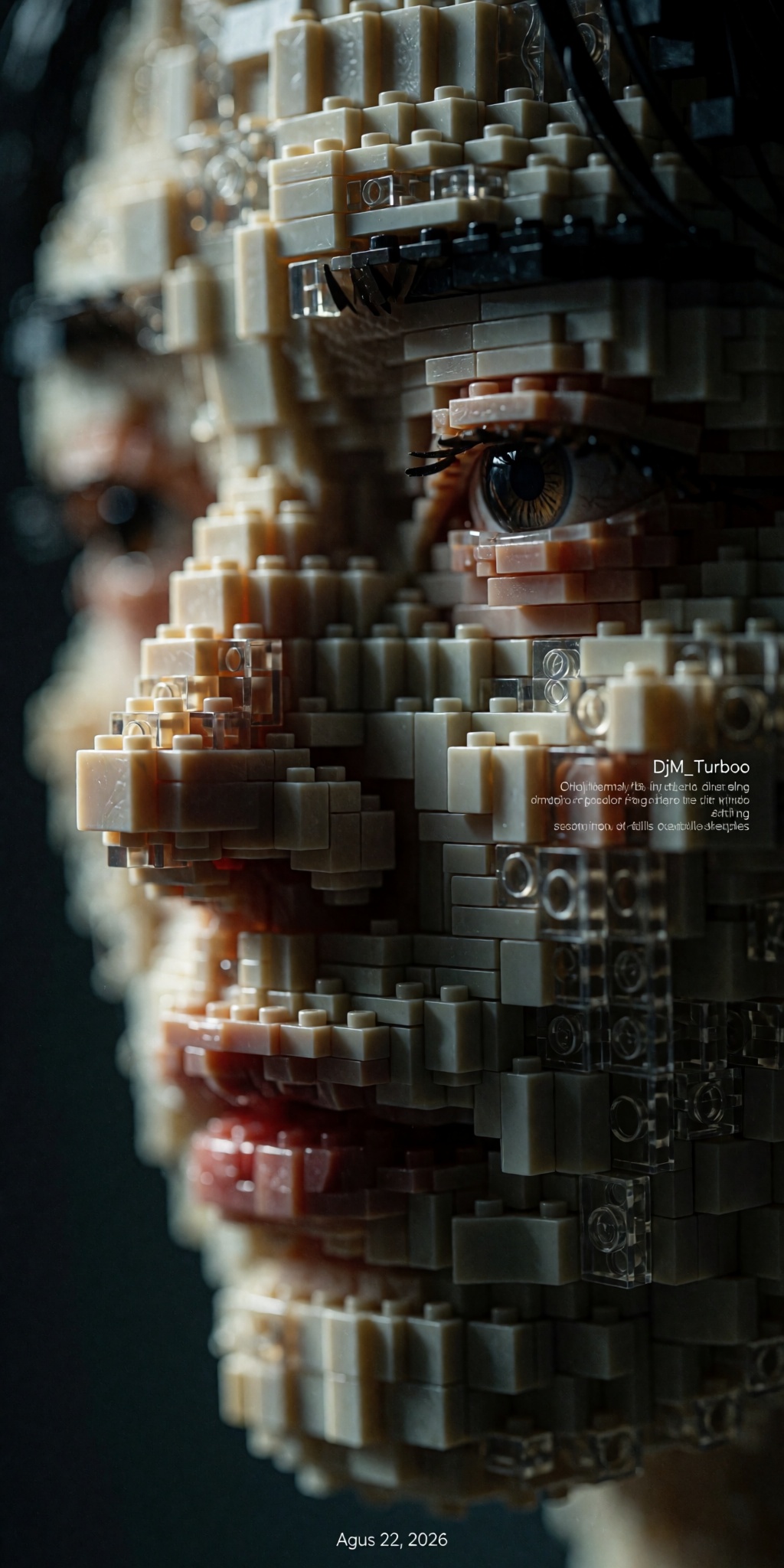A surreal macro portrait of a contemplative human face sculpted entirely from thousands of tiny building blocks arranged w...