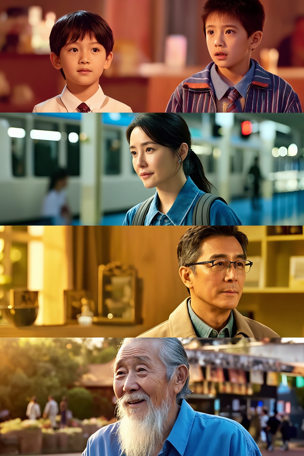 Create a cinematic portrait representing the passage of time. Show the same person progressing through four different stag...