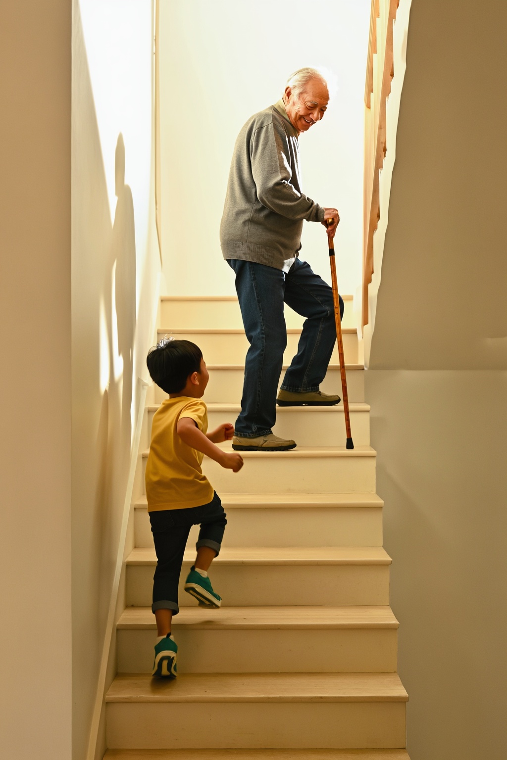 Exactly TWO figures only. IMPORTANT SPATIAL ORDER: The elderly man is HIGHER on the staircase,  closer to the bright light...